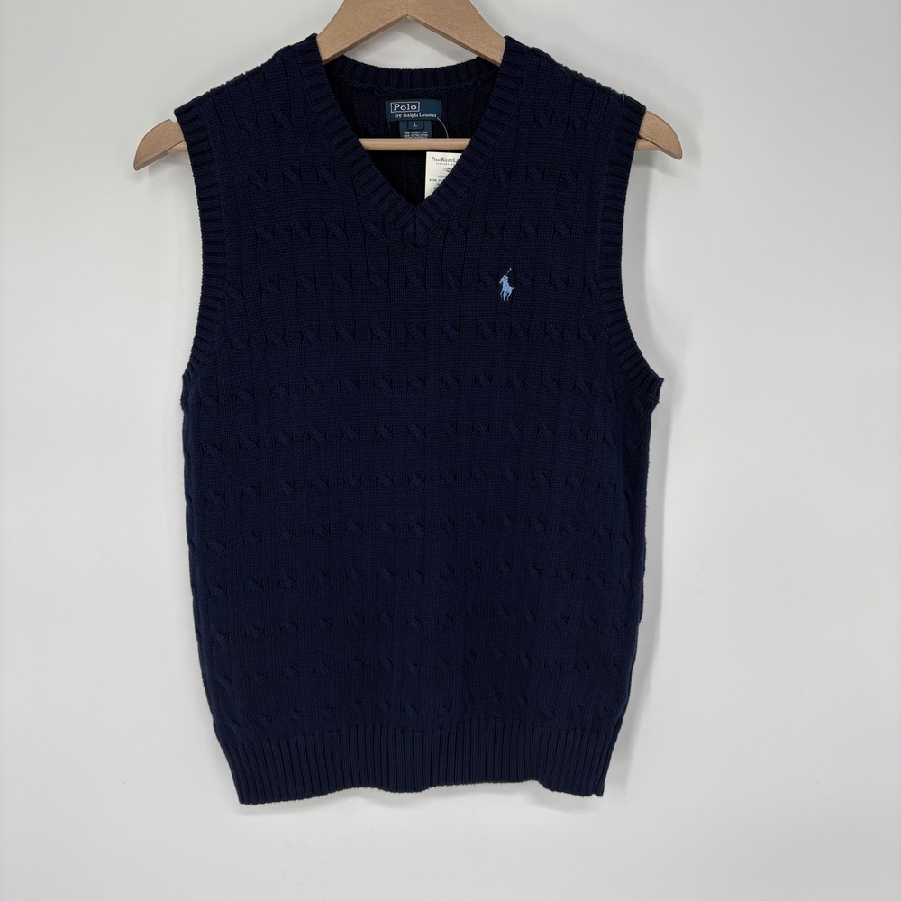Polo Ralph Lauren Women's Large Navy Blue Cable Knit Cotton V-Neck Sweater Vest
